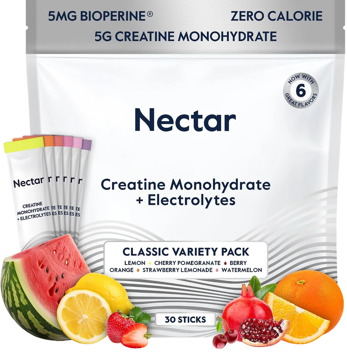 Nectar Creatine Monohydrate plus Electrolytes Classic Variety Pack pouch with stick packs and fresh fruit