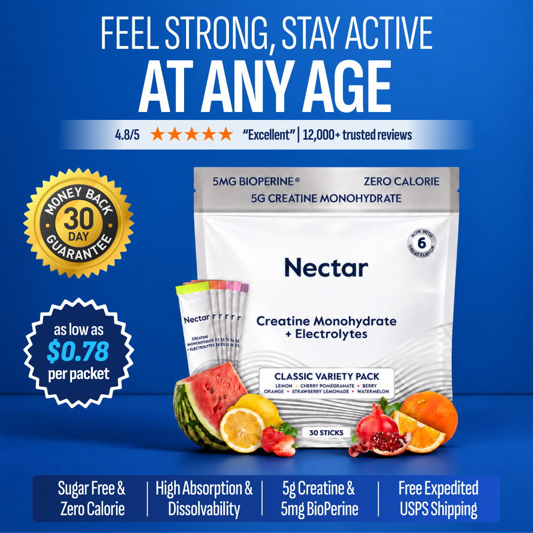 Front view of Essential Daily Creatine tub showcasing Feel strong stay active at any age headline on blue background