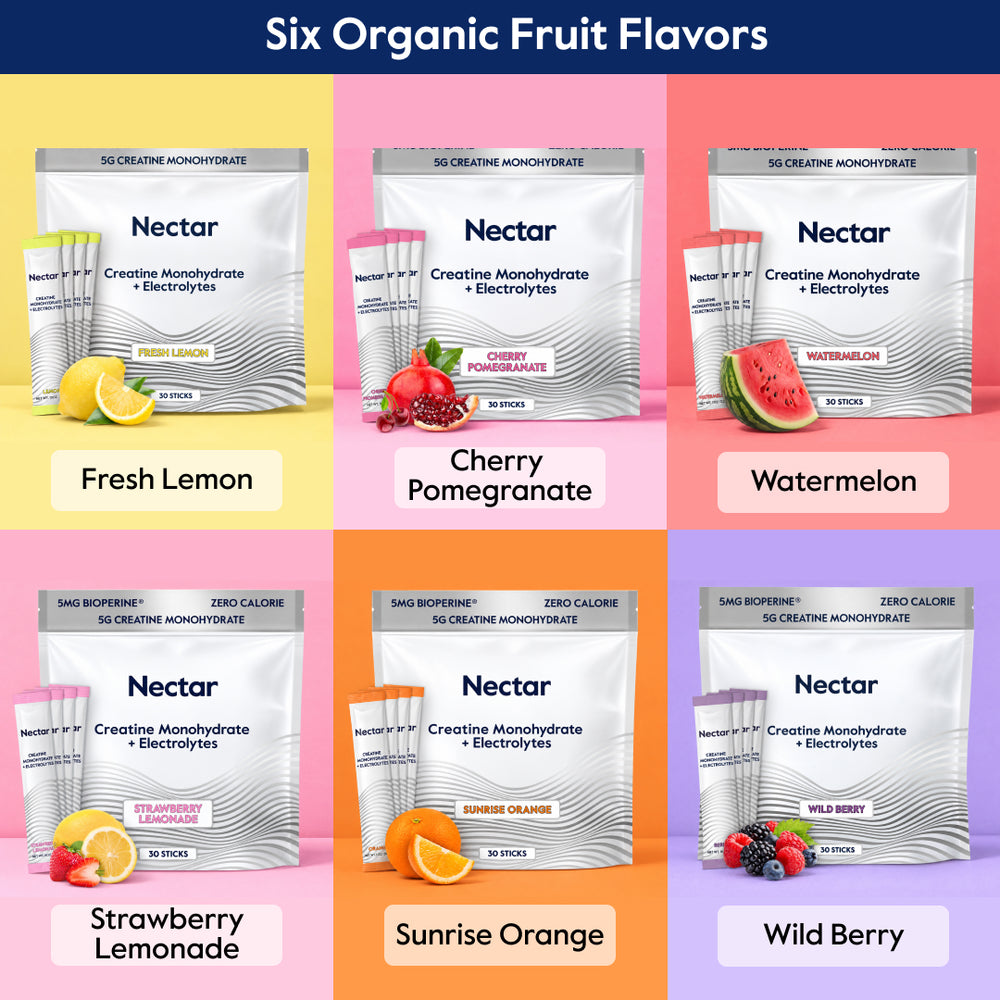 Six organic fruit flavors: lemon, strawberry, cherry, grapefruit, orange, and wild berry