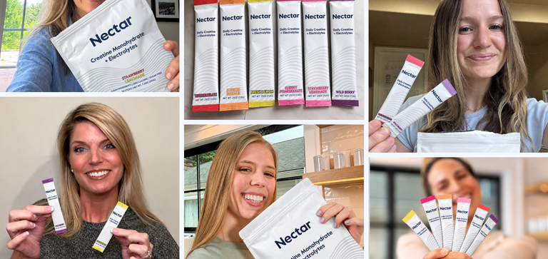 Customers holding Nectar Creatine Monohydrate pouches and sticks