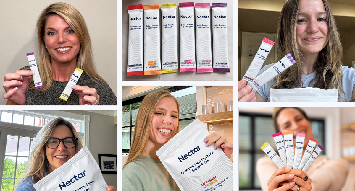 Customers holding Nectar Creatine Monohydrate pouches and sticks