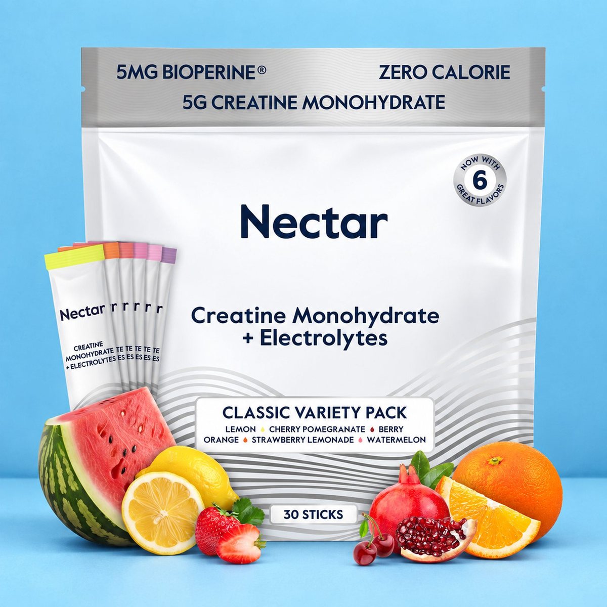 Nectar Essential Daily Creatine Classic Variety Pack pouch with stick packs and fresh fruit